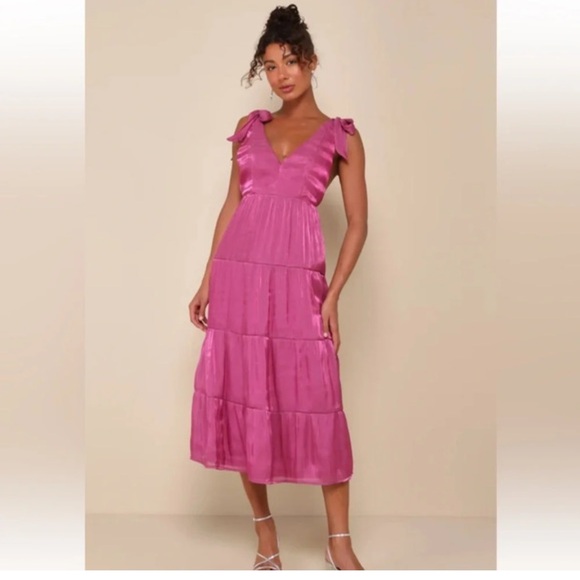 Lulus Dresses & Skirts - Magenta Lulus Organza Tie-Strap Tiered Midi Dress - Size Small